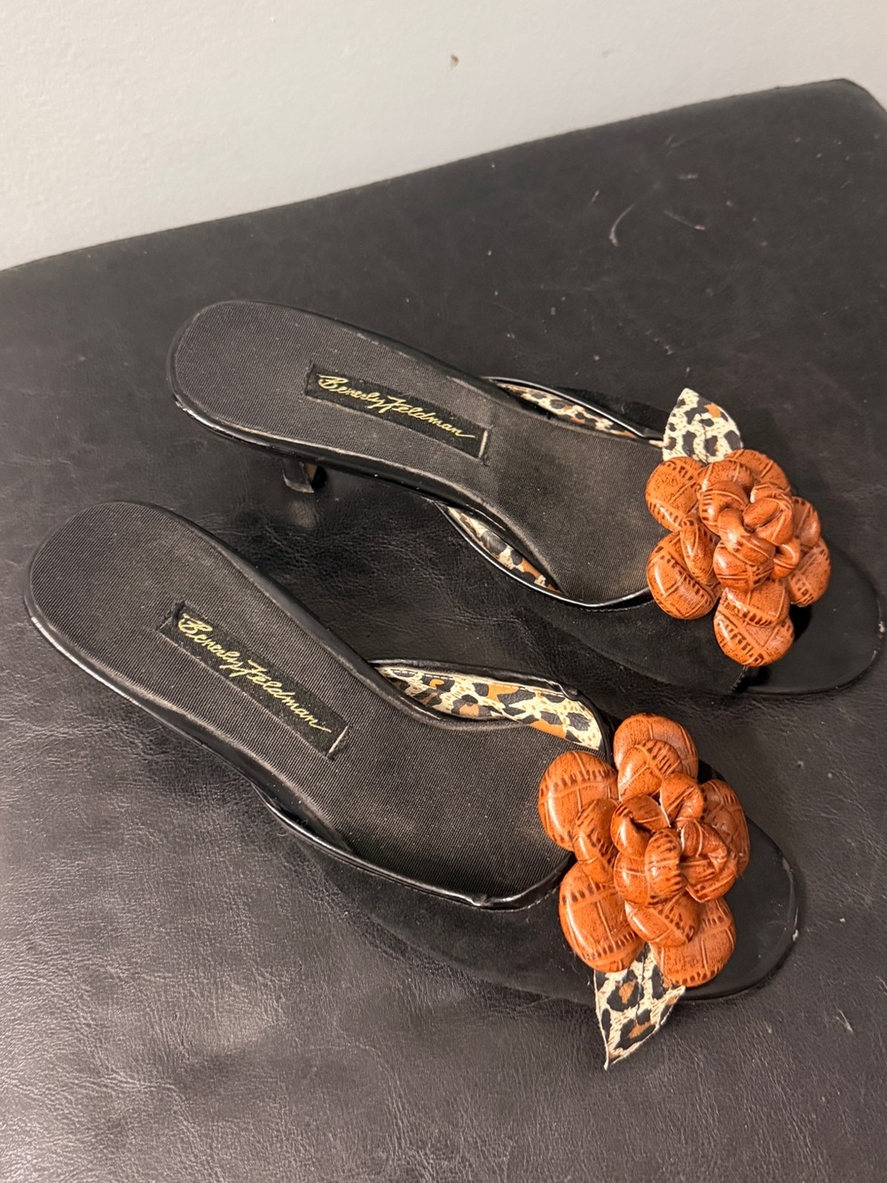 Beverly Feldman Black Mules with Brown Floral Accent